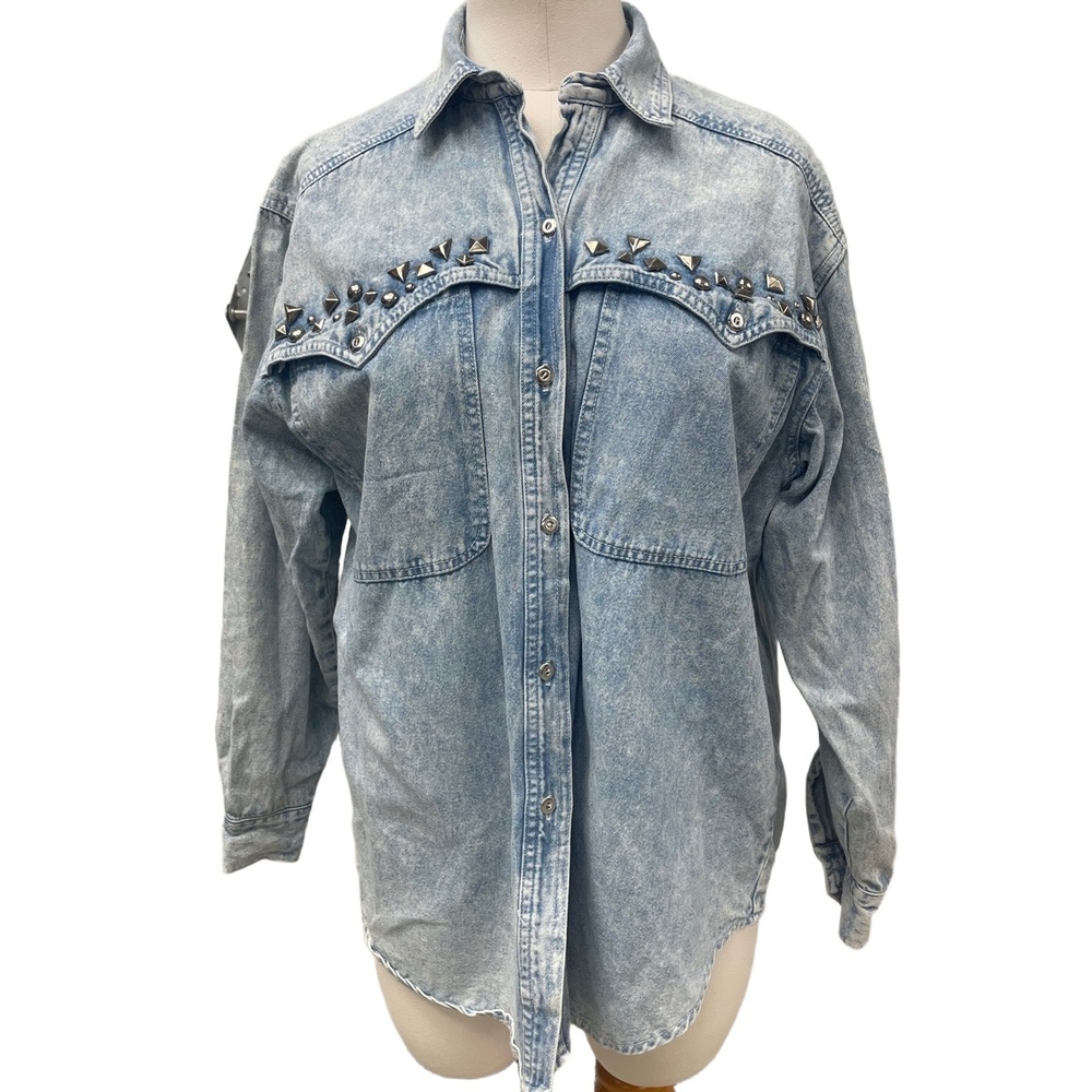 Stefano Vintage Acid Wash Denim Shirt Studded Button Long Sleeve blouse top Smal